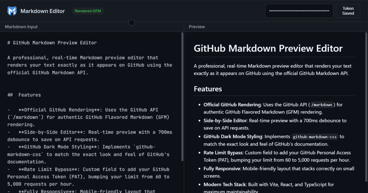 GitHub Markdown Preview Editor